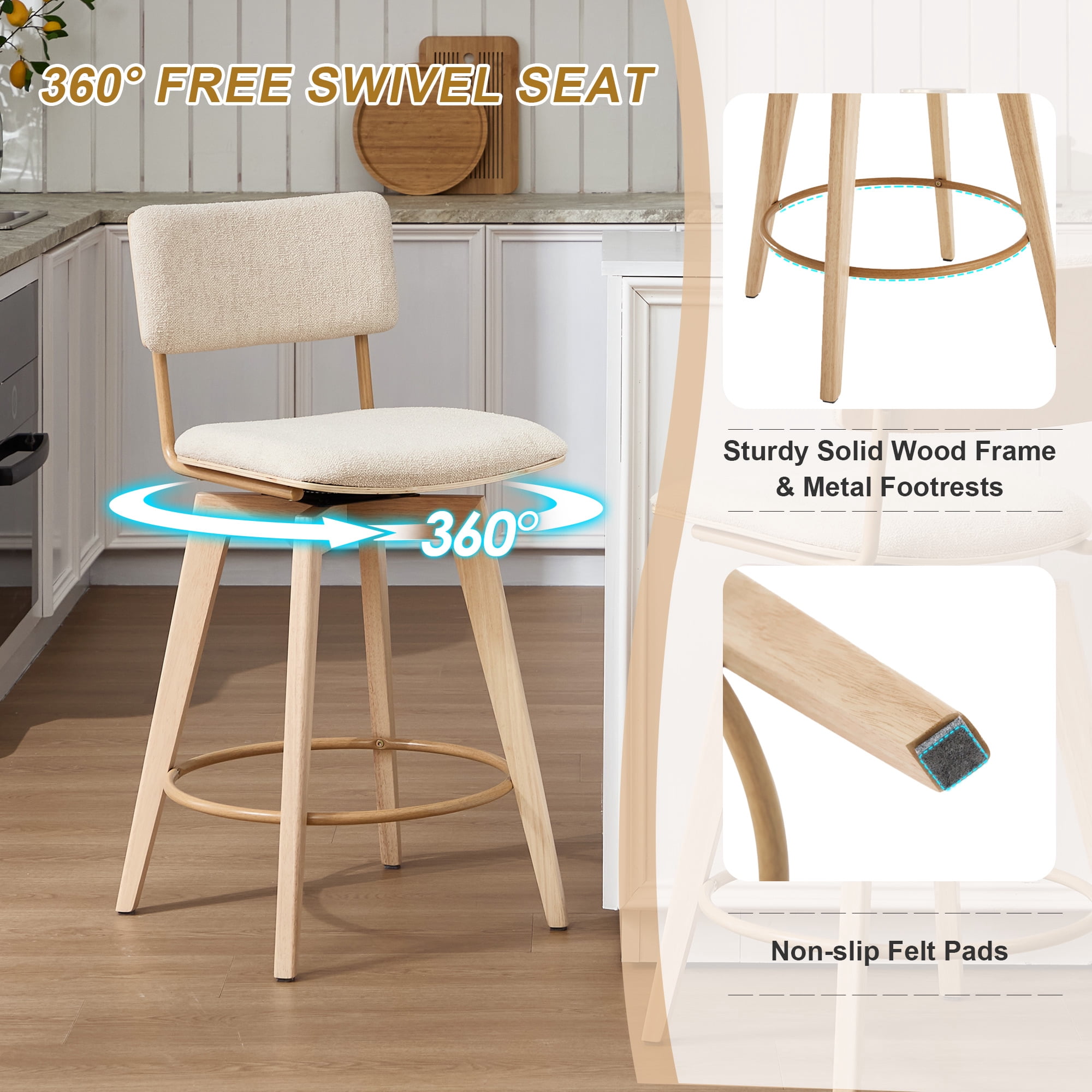 Zesthouse Swivel Counter Height Bar Stools Set of 2, 26" Upholstered Linen Barstools with Back and Solid Wood Legs, Mid Century Modern Bar Chairs, Island Stool for Kitchen Counter, Beige
