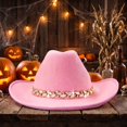 thumbnail image 5 of Women's Western Cowboy Hat Rhinestone Cowboy Cowgirl Hat Glitter Wide Brim Felt Fedora Hats Unisex Rolled up Caps Pink One Size, 5 of 7