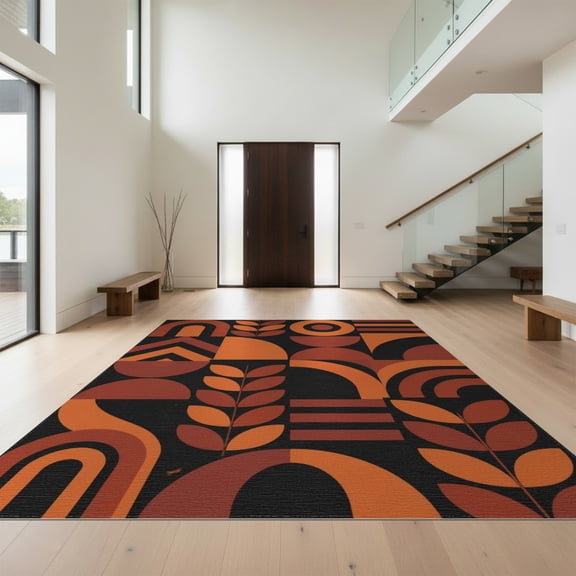 Design&I 8'x10' Washable Area Rug Sleek Flatweave Pet Friendly Orange Black Geometric Retro Design Bold Abstract with Leaf Motifs for King Size Bedroom, Under Bed