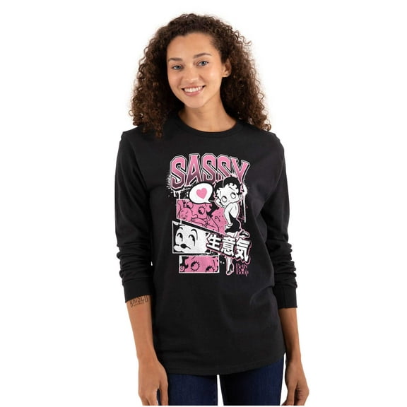 Betty Boop Sassy Kanji Comic Panels Women's Long Sleeve T Shirt Brisco Brands S
