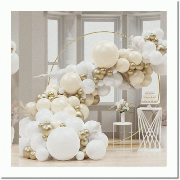 Pearl White Sand Balloon Bliss Kit - 132pcs White Balloons with Metallic Gold Accents for Wedding, Bridal, Baby Shower, Birthday & Anniversary Party.