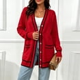 thumbnail image 2 of Otvok Womens Long Sleeve Knit Cardigan with Pockets, Ladies Contrast Strip Trim V Neck Pearl Button Open Front Sweater, 2 of 7