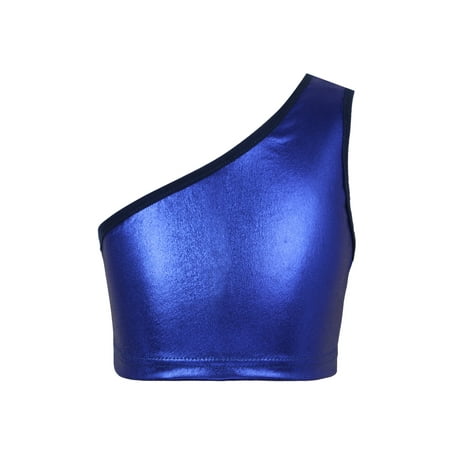 Moggemol Kids Girls One Shoulder Sports Bra Shiny Metallic Workout Yoga Crop Vest Dancewear Top Royal Blue 100-120