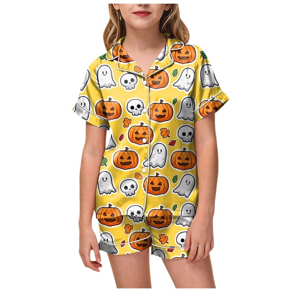 Pandaie Little Girls Loungewear Halloween Ghost Pumpkin Print Short Sleeve Pajamas 2 Piece Set Kid Night Sleepwear Outfits Yellow,6-7Years
