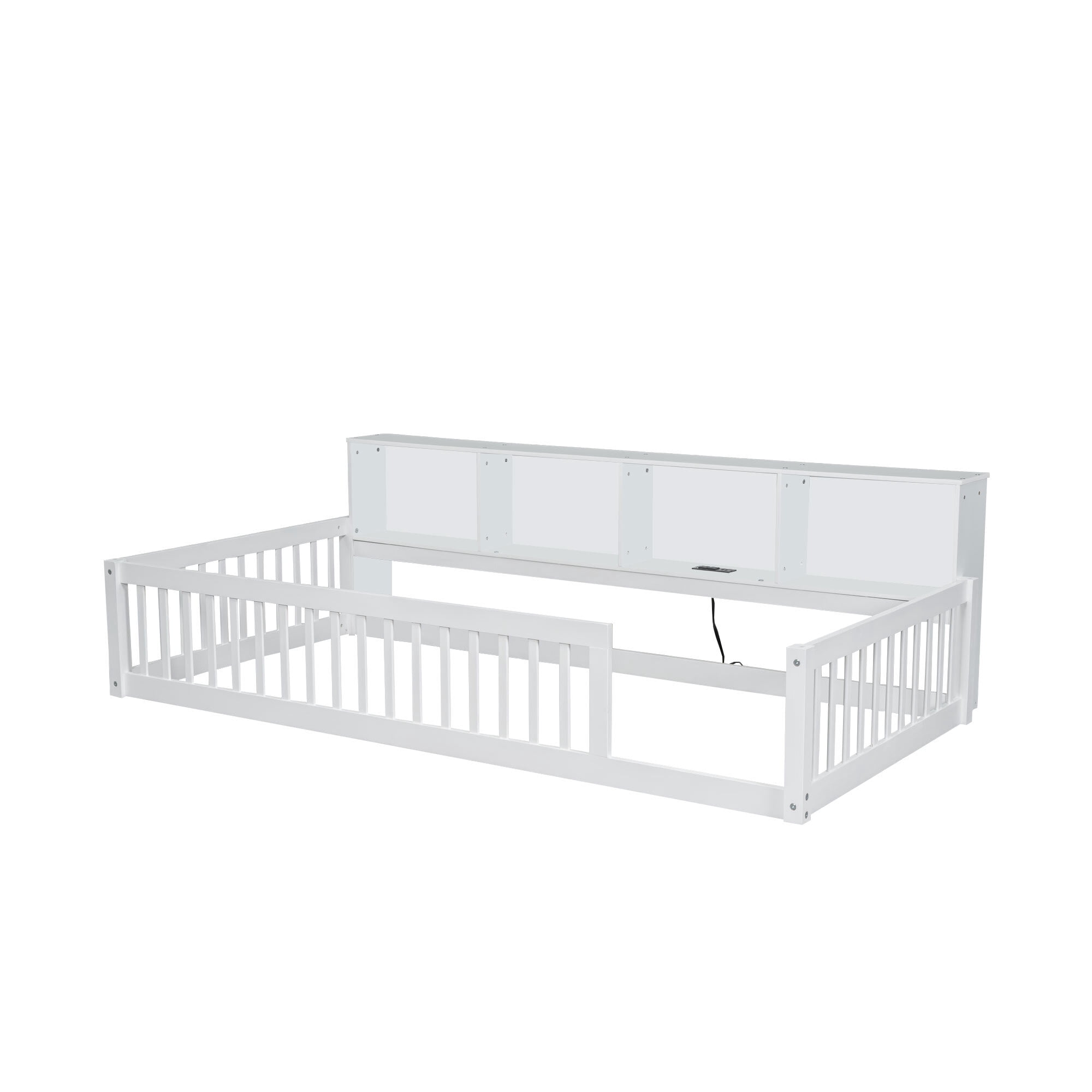 Euroco Wood Twin XL Platform Bed, Floor Bed with Storage and USB Ports, White
