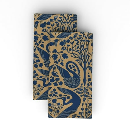 

Linen Cotton Canvas Dinner Napkins (Set of 2) - Garden Indigo Gold Crane Orchard Asian Inspired Golden Swan Print Cloth Dinner Napkins by Spoonflower
