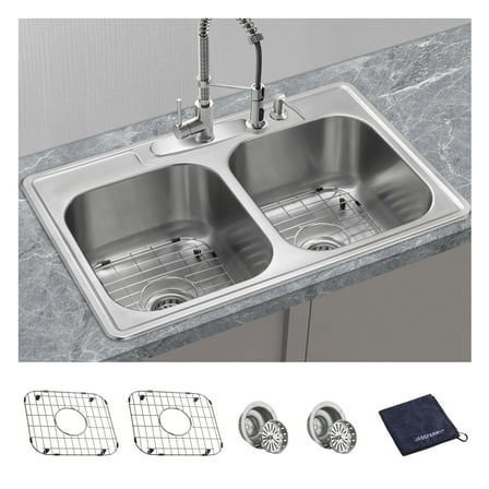 JASSFERRY 33-inch Kitchen Sink Drop-In Topmount 18-gauge Stainless Steel 50/50 Double Bowl