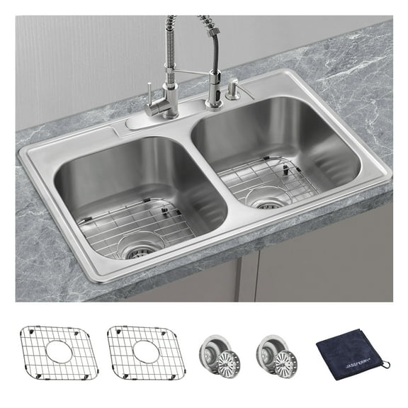 JASSFERRY 33-inch Kitchen Sink Drop-In Topmount 18-gauge Stainless Steel 50/50 Double Bowl
