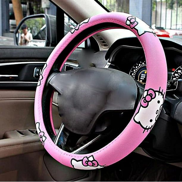 Liangnv Hello Kitty Accesorios para Coche Funda Universal para Volante de 15 Pulgadas Cuero de Microfibra Protector de Agarre Suave y Transpirable Duradero