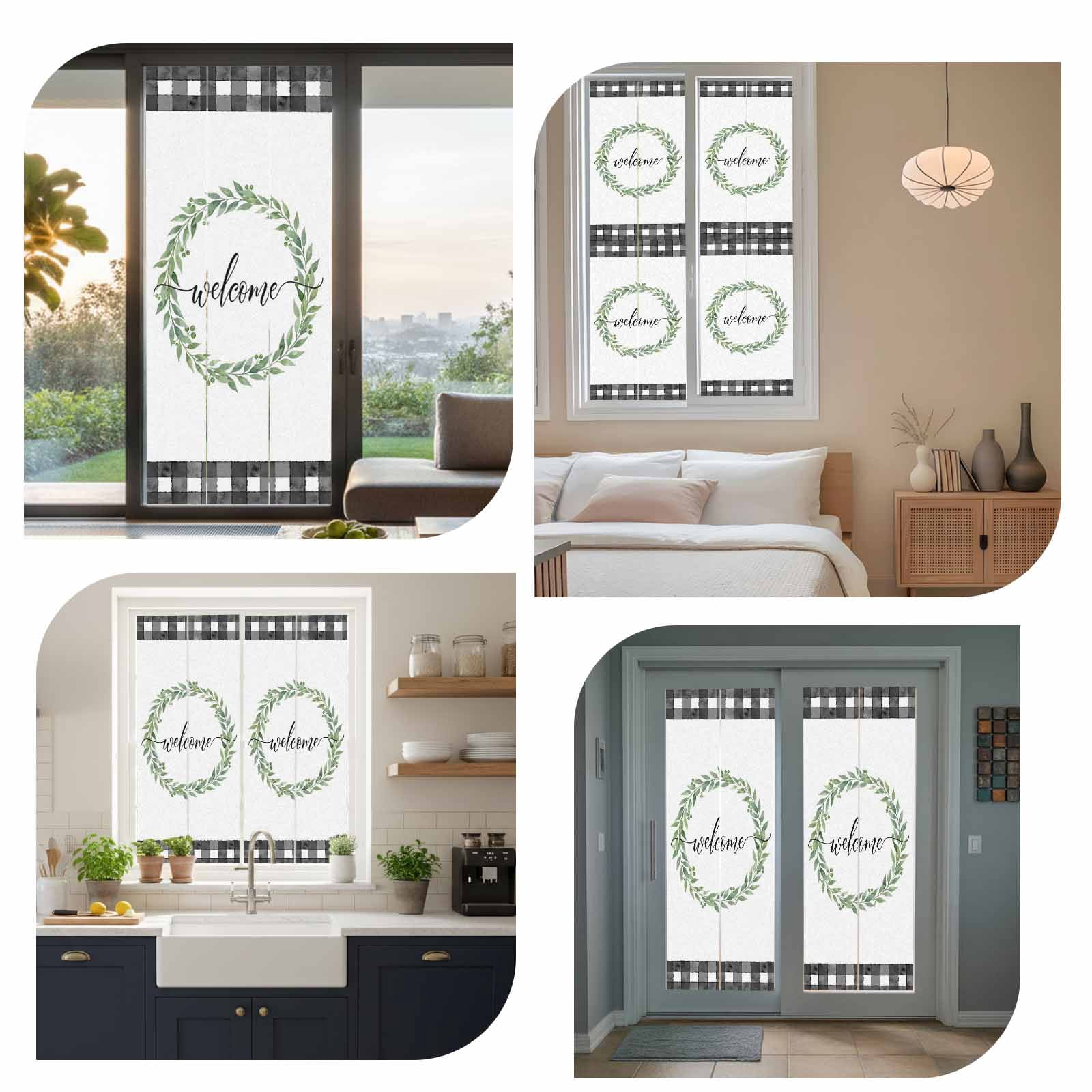 Welcome Window Privacy Film, Vintage Leaf Wreath Plant Black Plaid Border Frosted Glass Window Clings Static Cling UV Heat Blocking Reusable Door Sticker for Bathroom 23.6 x 59 Inch