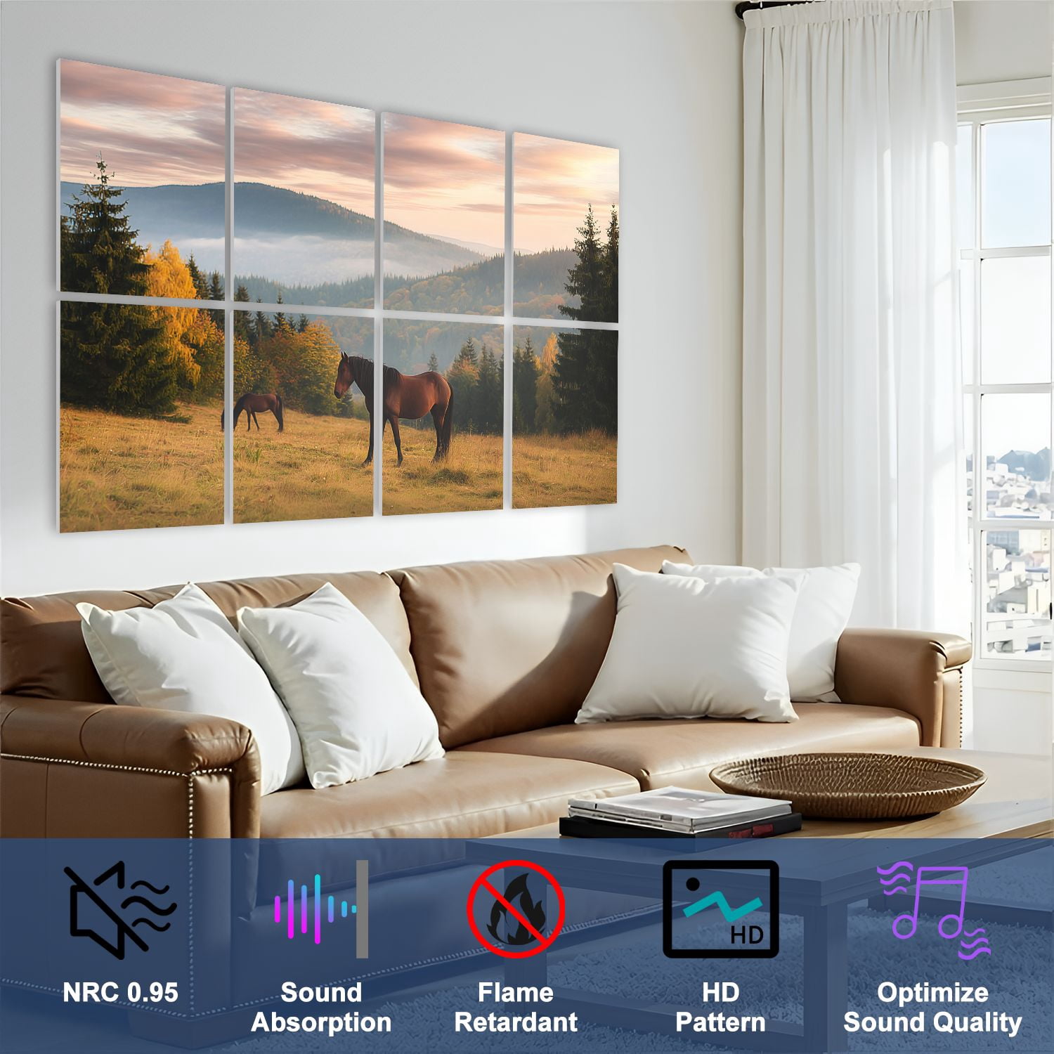 8 Pack Art Acoustic Panels Sound Absorbing horse dramatic clouds Rural landscape Horse Agricultural Decorative Soundproof Wall Panels Self Adhesive for Nursery Game Room Bedroom 48"x32"