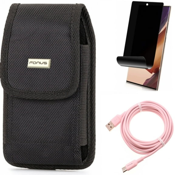 Privacy Screen Protector & 10ft Long USB-C Cable & Case Belt Clip for Samsung Galaxy Note 20 Ultra (6.9") - Combo with TPU Film Anti-Peep & Pink Charger Cord & Swivel Holster
