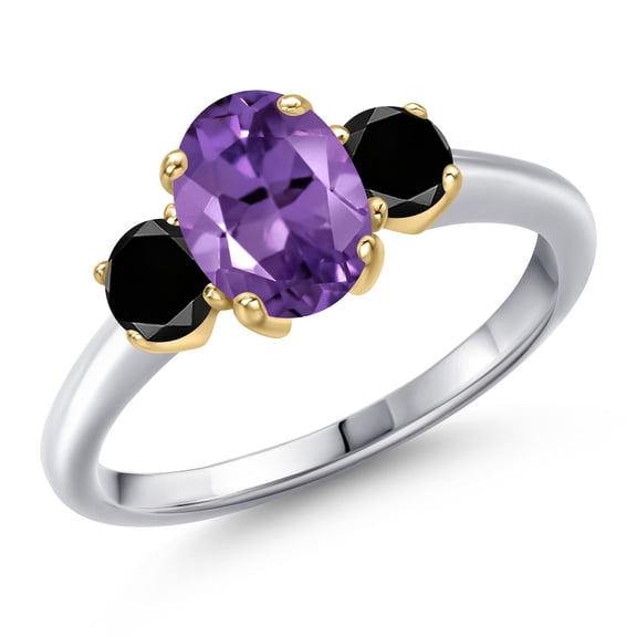 Gem Stone King 10K Two Tone Gold Purple Amethyst and Black Diamond Engagement Ring for Women | 1.69 Cttw | Oval 8X6MM | Gemstone February Birthstone | Size 8