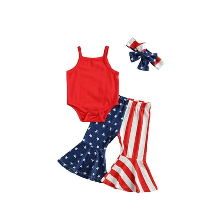 

Canrulo 4th of July Infant Baby Girl Outfit Sleeveless Spaghetti Straps Romper Star Stripes Flared Pants Headband Set Red 0-3 Months