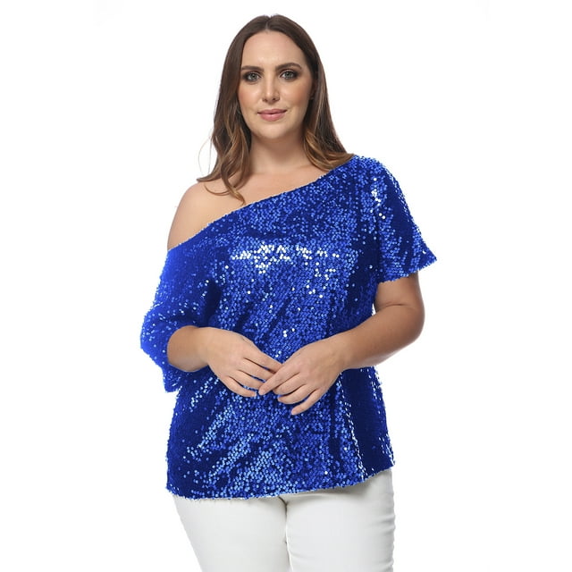 Women's Plus Size Sequin Sexy One Shoulder Short Sleeve Holiday Top