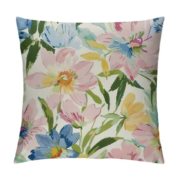 Creowell  Spring Yellow Blue Pink Floral Pillow Covers Cute Watercolor Colorful Flower Leaf Print Decorative Throw Pillows Rustic Farmhouse Cushion Case Decor for Couch Sofa Bed，Multi-Size