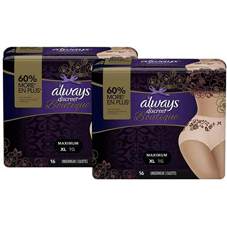 Always Discreet Boutique Incontinence & Postpartum Underwear for Women,  Disposable, Maximum Protection, Peach, X-Large, 16 Count - Pack of 2 (32  Count