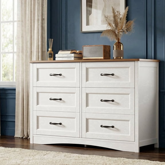 6-Drawer Dresser, 47" Wide Chest of Drawers with Metal Handles, Modern Storage Organizer Sturdy Wood Chest of Drawers for Bedroom, Living Room, Hallway, Office, Entryway, White and Retro