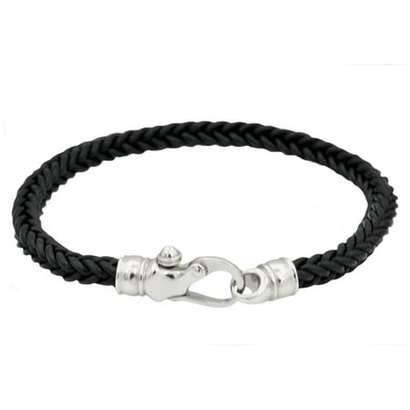 Arista Men's Bracelet With Lobster Lock in Black Leather Solid Stainless Steel, 8"
