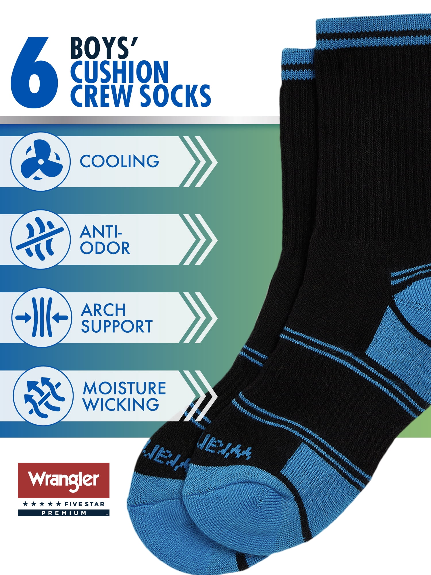 Wrangler Boys' Essentials Cool Comfort Crew Socks, Assorted Cushioned Socks for Kids, Medium, 6-Pack