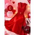 thumbnail image 3 of Elegant Red V-Neck Sleeveless A-Line Belted Dress For Women, 3 of 8