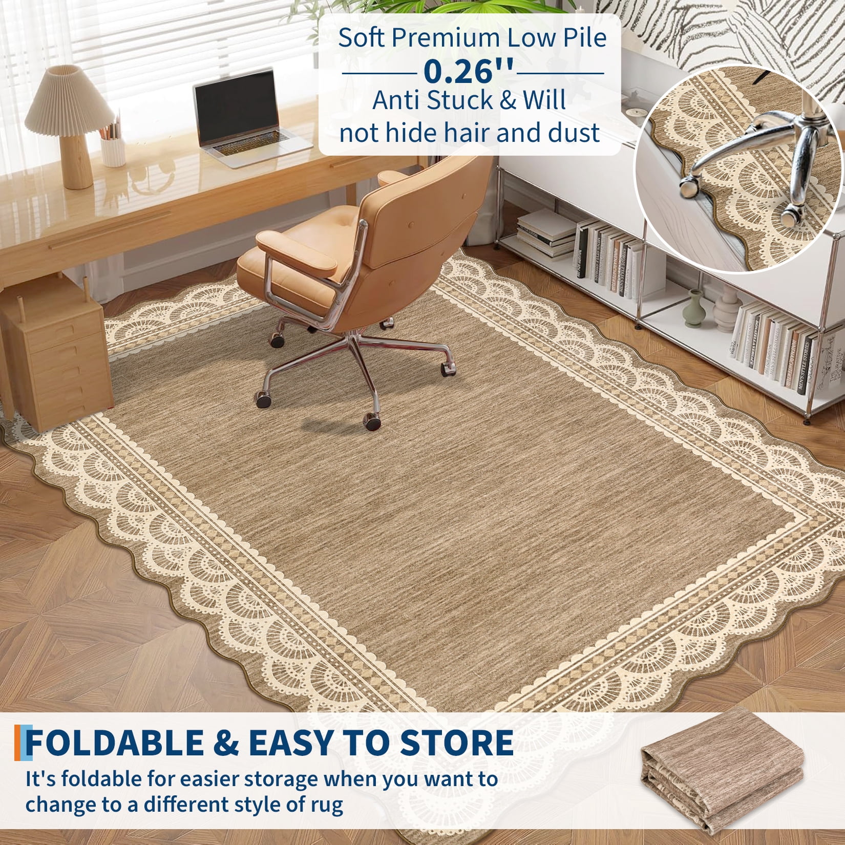 Garvee 9'x12' Scalloped Area Rug Modern Lace Edge Carpet, Washable Solid Rug Non-Slip Low Pile Indoor Mats for Living Room Bedroom Home Decor, Brown