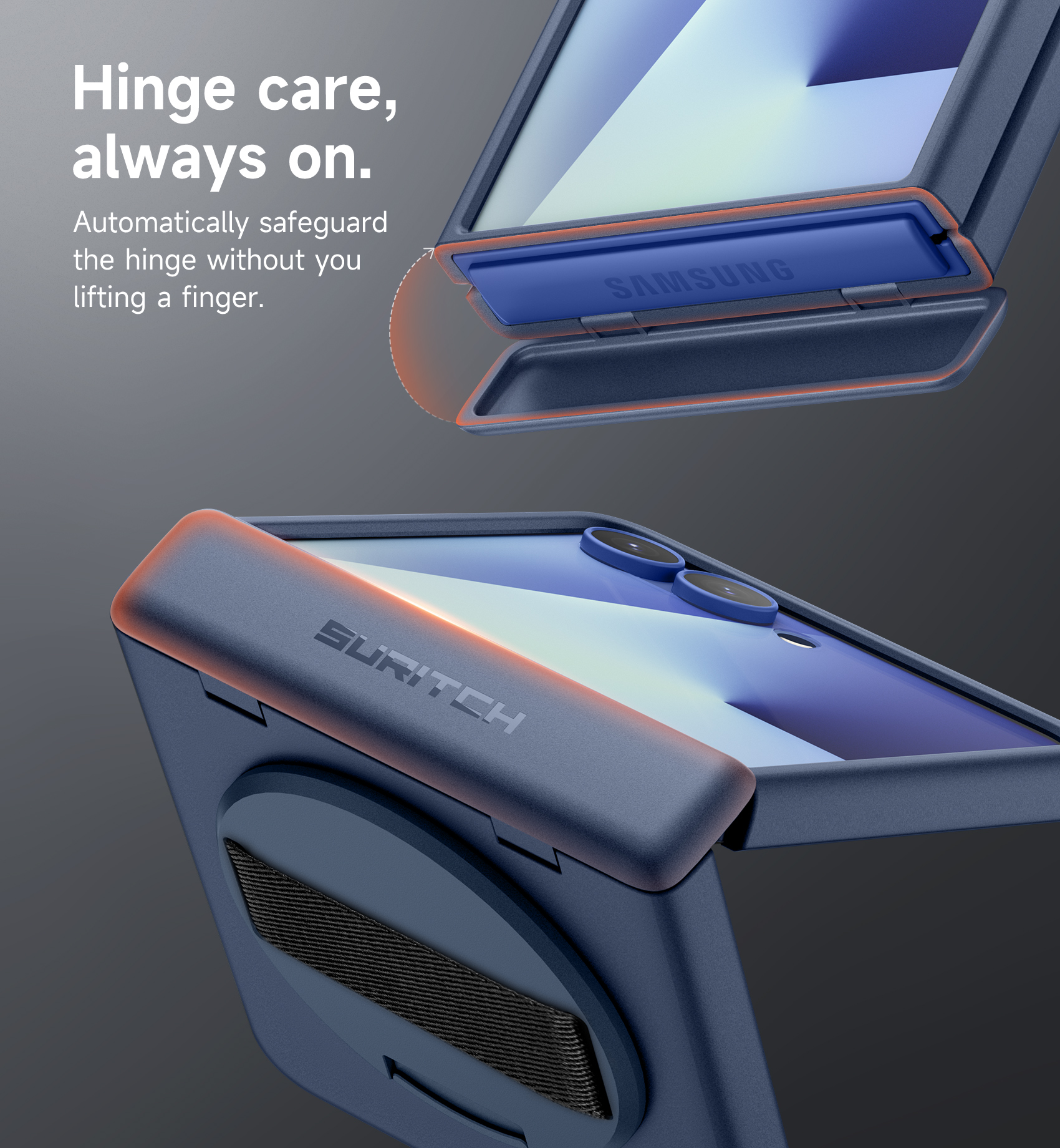 Suritch Phone Case for Samsung Galaxy Z Flip 7 with Rotatable Hand Grip, Kickstand and Screen Protector, Rugged Shockproof Protective Cover, Blue