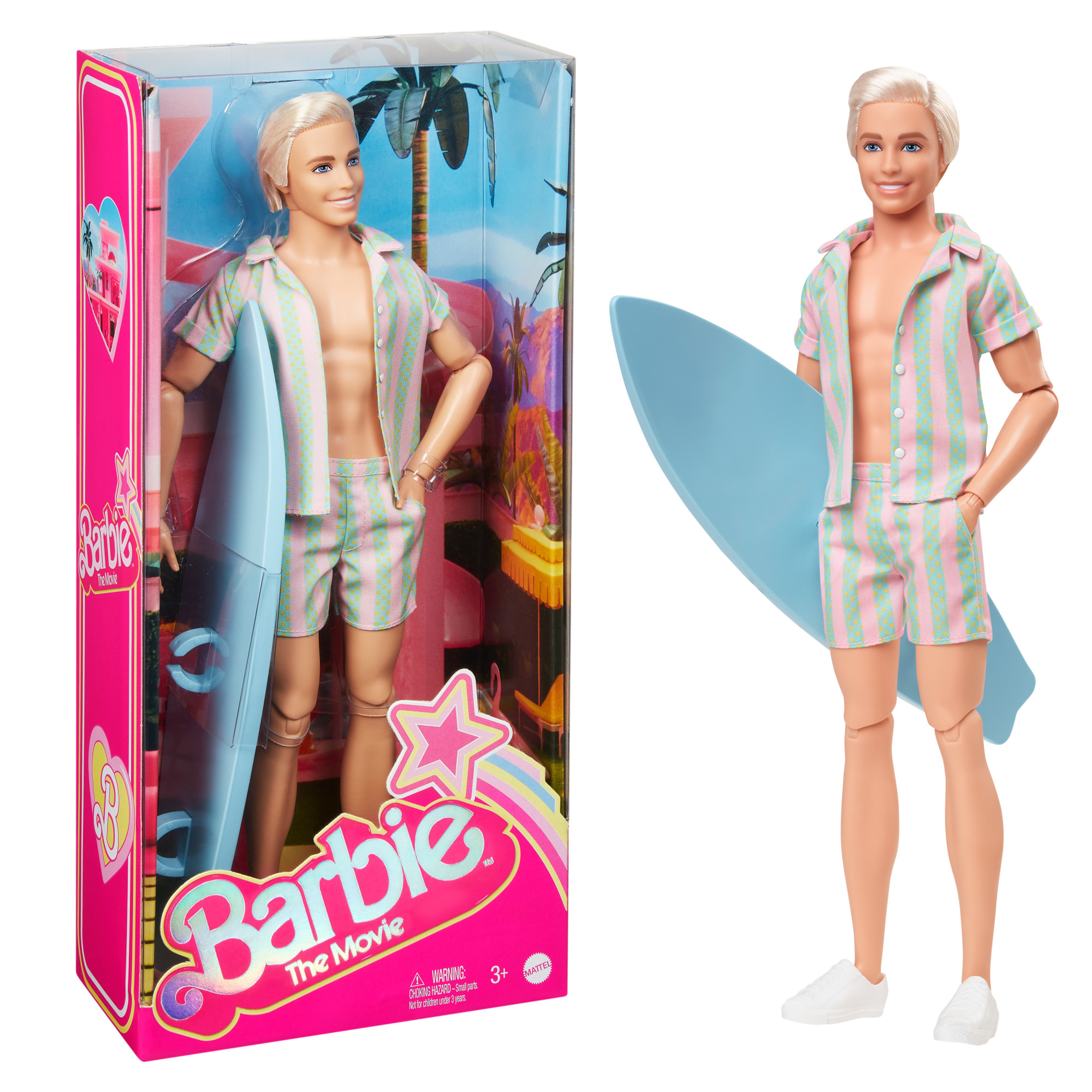 Barbie The Movie Ken Doll Wearing Pastel Striped Beach Matching Set with Surfboard and Sneakers