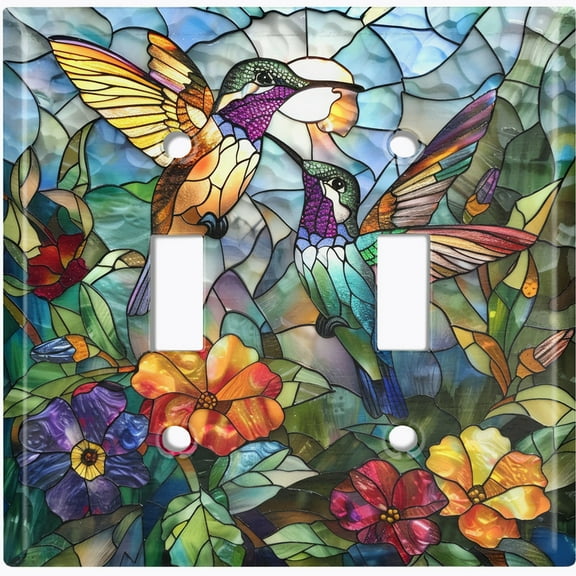Metal Light Switch Wall Plate Outlet Cover (Printed Image of Stained Glass Humming Birds in Meadow - Double Toggle)