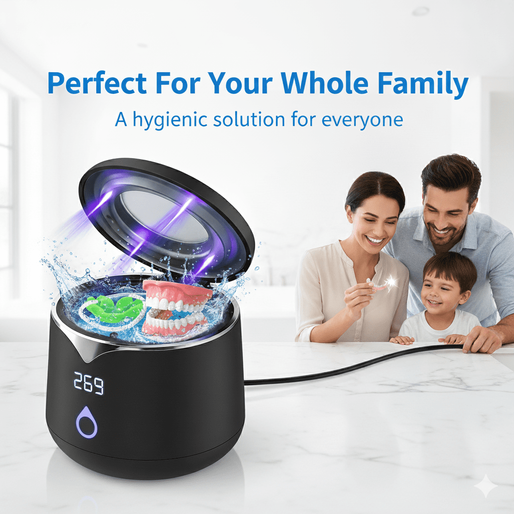 Professional 45kHz Ultrasonic Retainer Cleaner with UV Sanitizer - Portable Cleaning Machine for Aligners, Dentures, Mouth Guards, and Jewelry - 200ml, Dual Cleaning Modes, Black