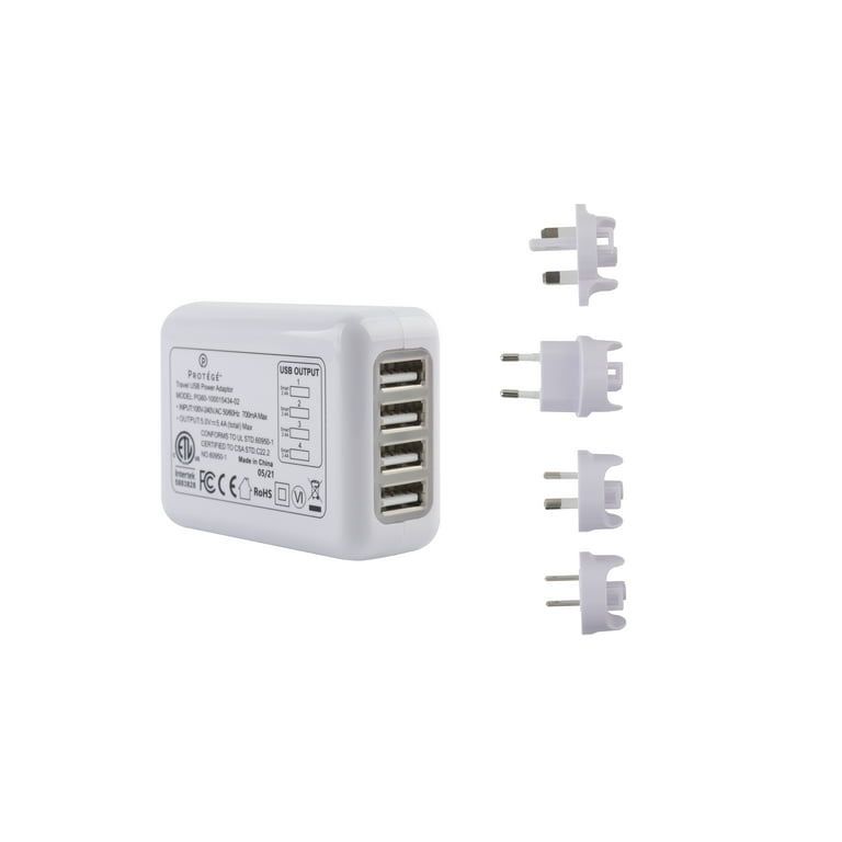 Protege 27w 4 USB Charger with 4 Travel Adapter White, 5.9oz - Walmart.com