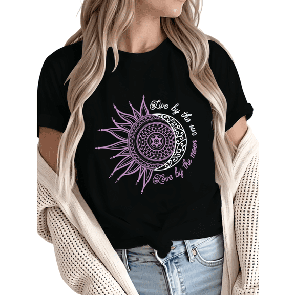 Giffimy Women's Live By The Sun Love By The Moon Boho Sun Moon Graphic Short Sleeve T-Shirt Casual Cotton Crewneck Top Black S-5XL