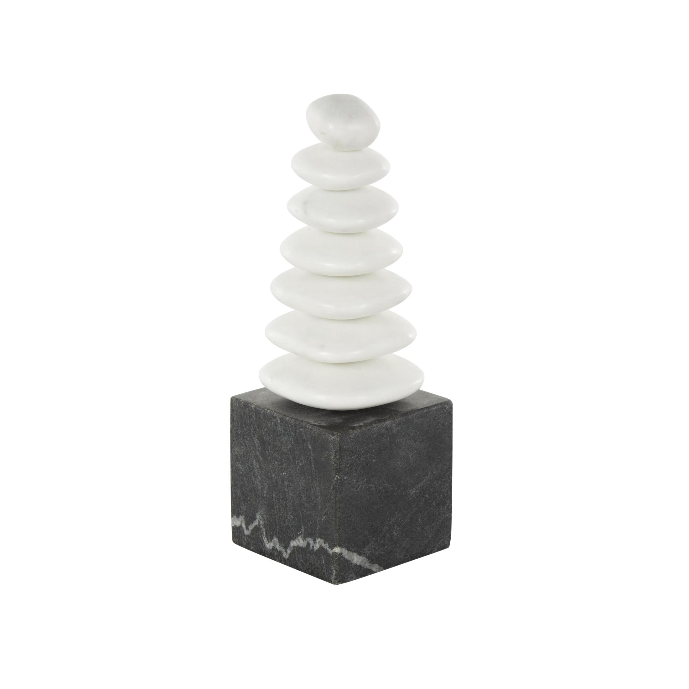 3" x 9" White Marble Stacked Stone Abstract Sculpture with Black Block Base, by DecMode