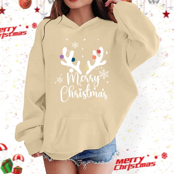 Hpapadks Toddler Hoodie Girls Festive Print Hoodie Cozy Holiday Top Boys Sweatshirts Beige 5-6 Years