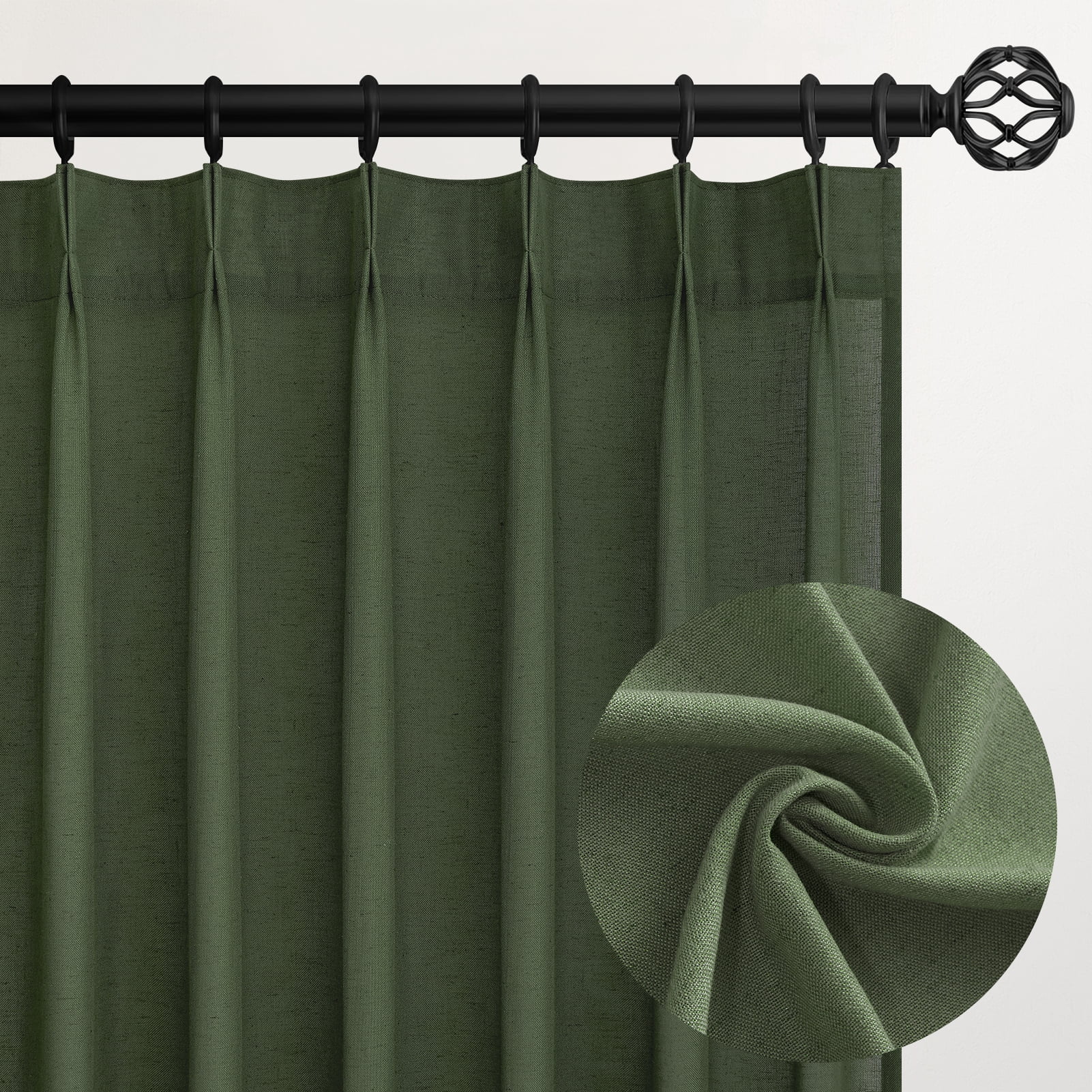 Jainmy Pinch Pleated Linen Curtains, Boho Light Filtering Living Room Bedroom Curtain,Window Treatments with Hook,Olive Green, 40x84 inch, 2 Panels