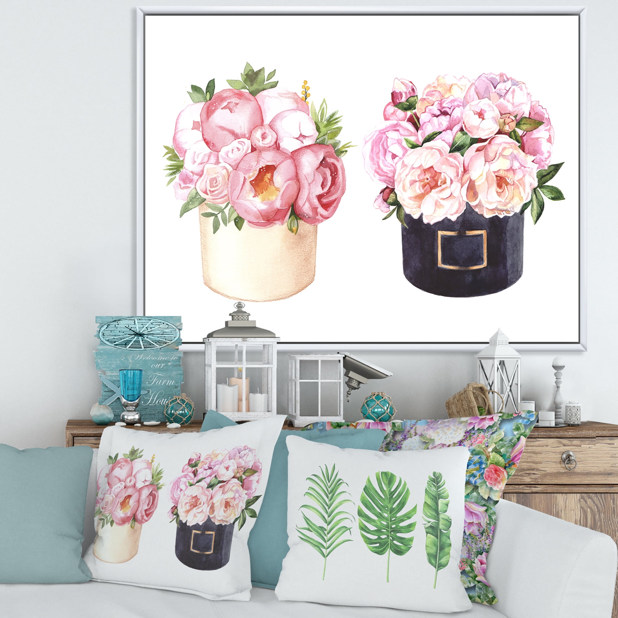 Designart 'Peonies and Rose With Flower Box' Farmhouse Framed Canvas Wall Art Print