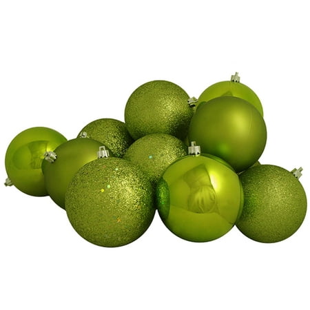 12ct Green Kiwi Shatterproof 4-Finish Christmas Ball Ornaments 4" (100mm)