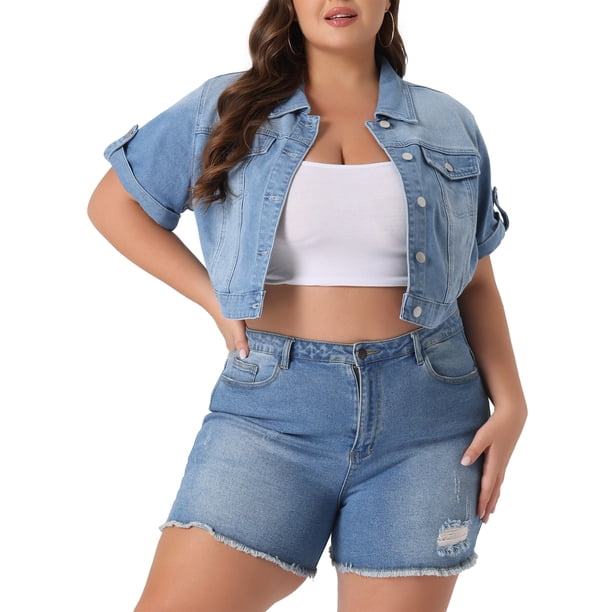 Chaquetas de mezclilla de talla grande Agnes Orinda para mujeres, con botones en la parte delantera, mangas enrolladas, chaqueta de mezclilla recortada 3X, azul claro