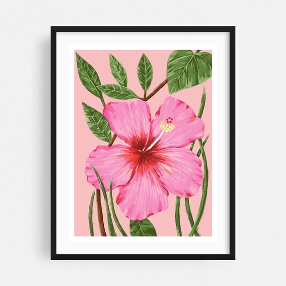 Tropical Blossom - Mixed Media Floral Flowers Tropical Botanical Illustration Pastel Nature Black Framed Wall Art Print 11 x 14 inches