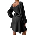 thumbnail image 4 of SAYOO Vestido de primavera para mujer, vestido de cintura alta fruncido con cuello cuadrado liso de manga larga, trajes hasta la rodilla con lazo en la cintura para mujer SAYOO  moda, 4 of 5