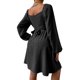 thumbnail image 4 of SAYOO Vestido de primavera para mujer, vestido de cintura alta fruncido con cuello cuadrado liso de manga larga, trajes hasta la rodilla con lazo en la cintura para mujer SAYOO  moda, 4 of 5