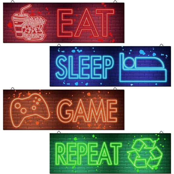 4 Pcs Neon Gaming Decor for Room Wooden EAT SLEEP Game Wall Art Gamer Hanging Plaques Inspirational Wall Decor for Room Bedroom Playroom Decorations