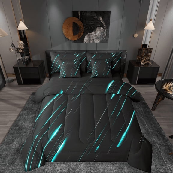 Castle Fairy Geometric Stripes 7-Piece Twin Bedding Sets,Black Teal Bedding Comforter Set,Neon Lights Breathable Sheet Sets,Luxury Boys Bedroom Decor,Reversible
