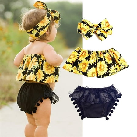 Infant Toddler Baby Girls Sunflower Crop Tops + Ruffled Lace Baby Bloomers + Headband 3Pcs Outfits Set Clothes 0-6 Months