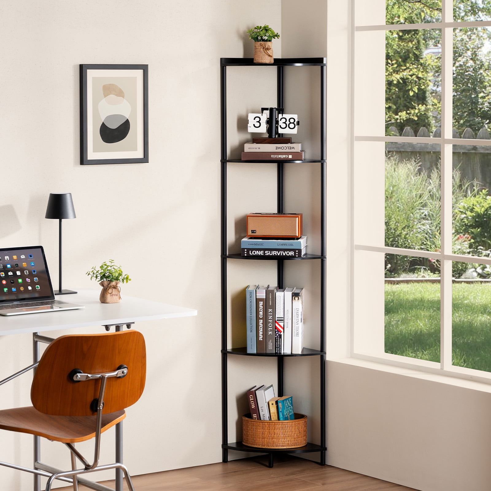 Corner Shelf Stand, 5-Tier Corner Shelves, 65" Wall Corner Bookshelf, Display Shelf Tall Shelf Plant Stand for Bedroom, Bathroom, Living Room, Black