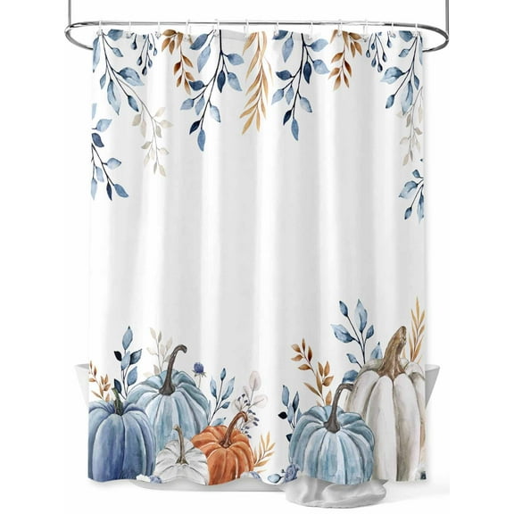 Fall Thanksgiving Shower Curtain Set ，Waterproof Fabric Shower Curtains Blue Leaves Pumpkin Watercolor Shower Curtains for Bathroom,Bathroom Decor 48"x72"