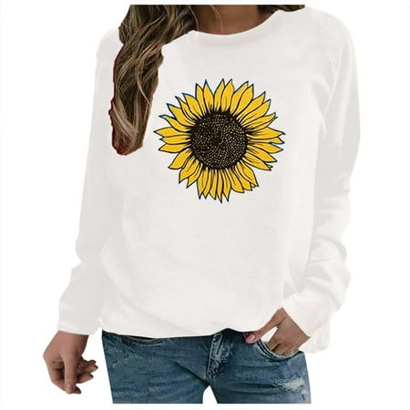 

Womens 2022 Simple Crewneck Blouse Long Sleeve Casual Plus Size Loose Thin Pullover Sweatshirts Oversize Boyfriend Sunflower Print Tops Shirts