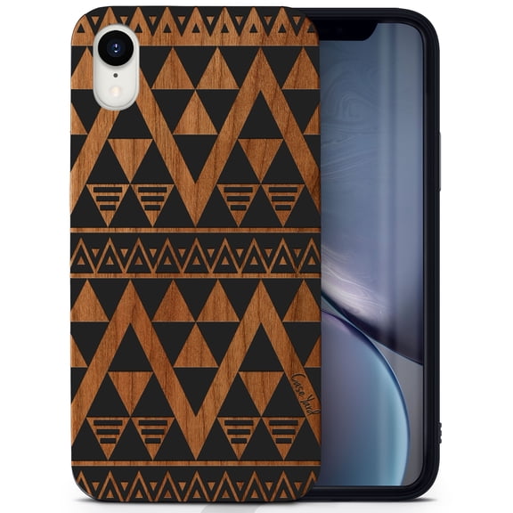 Wood phone case for iPhone XR compatible protective cell phone cover shockproof slim fit laser engraved Negative Triangle Pattern design Black wood case for Men & Women by CaseYard
