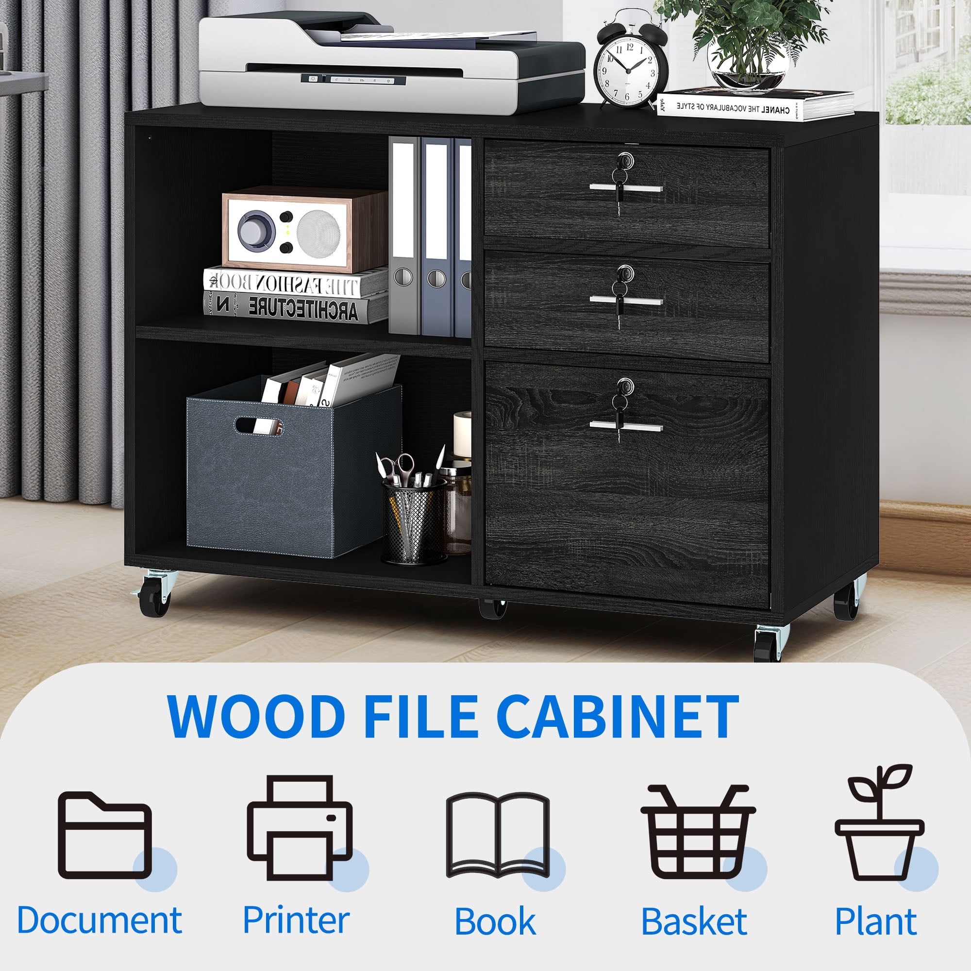 Dextrus 3-Drawer Wood File Cabinet with Lock, Mobile Lateral Filing Cabinet Rolling Printer Stand for Office, Black
