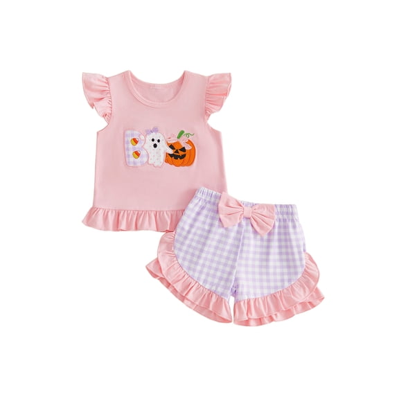 RUINIXCW Toddler Baby Girl Halloween Outfit Little Baby Girls Summer Fall Clothes Ghost Pumpkin Embroidered Flying Sleeve Ruffled Hem Shirt Tops and Plaid Shorts 2 Piece Set
